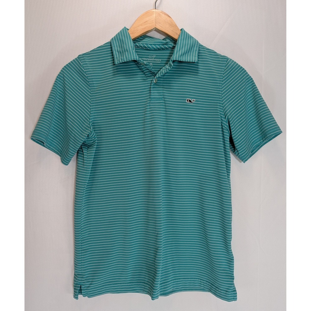 Vineyard Vines Boys M 12-14 Performance Polo Shirt Teal Green Striped Whale Logo